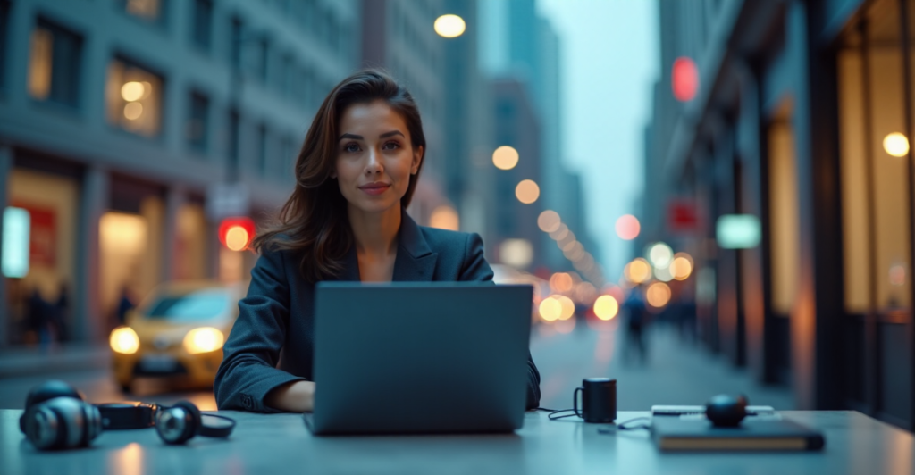 "A young professional woman sits confidently at a modern desk, surrounded by high-tech gadgets and futuristic devices, exuding determination and calmness as she focuses on AI automation skills."