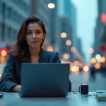Future-Proof Your Career with Tomorrow's Essential Skills for Long-Term Success "A young professional woman sits confidently at a modern desk, surrounded by high-tech gadgets and futuristic devices, exuding determination and calmness as she focuses on AI automation skills."