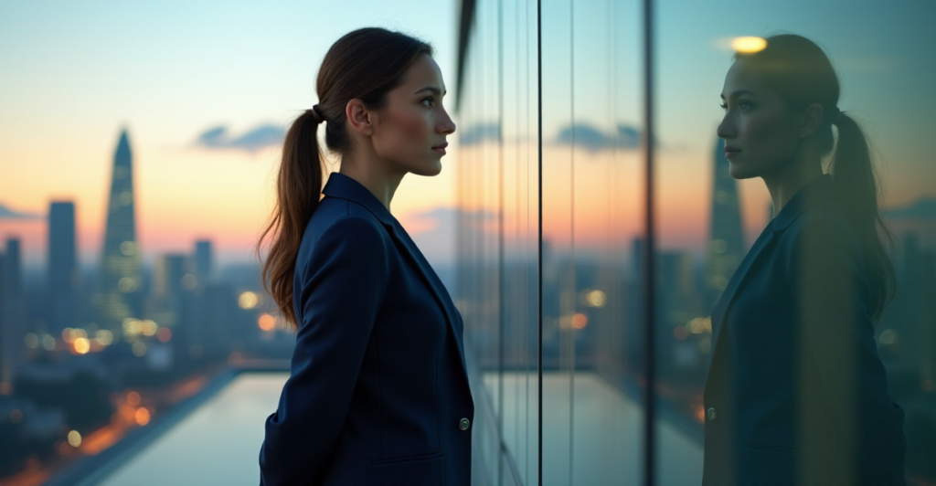 "A young professional woman stands confidently in front of a futuristic cityscape at dusk, exuding determination and poise as she prepares to acquire future-proof skills."