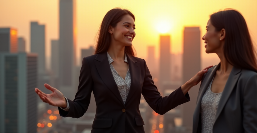 "A professional woman stands confidently in front of a modern cityscape at sunset, extending her hand to greet someone while supporting a younger woman, conveying self-assurance and poise amidst AI-driven career advancements."