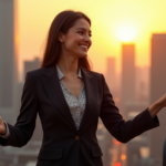 "A professional woman stands confidently in front of a modern cityscape at sunset, extending her hand to greet someone while supporting a younger woman, conveying self-assurance and poise amidst AI-driven career advancements."