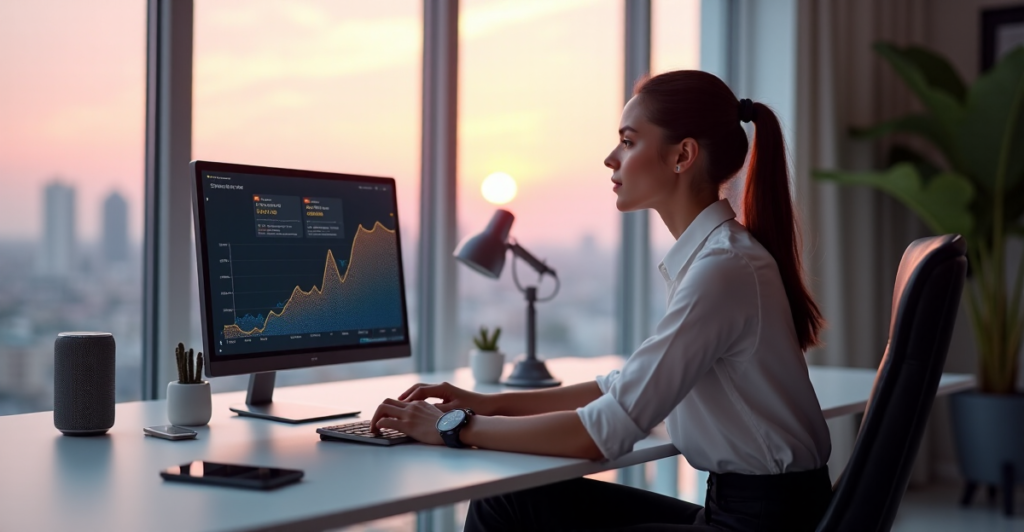 "A young professional woman sits at a minimalist desk, surrounded by high-tech gadgets, gazing at a 3D visual representation of her freelance career trajectory with AI automation skills in action."