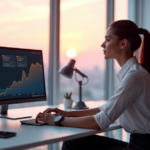 "A young professional woman sits at a minimalist desk, surrounded by high-tech gadgets, gazing at a 3D visual representation of her freelance career trajectory with AI automation skills in action."