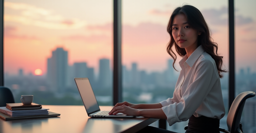 "A young professional woman sits confidently at a clutter-free desk, surrounded by cityscape at sunset, with a laptop and organized notebooks, exuding professionalism and poise, conveying AI Automation Skills mastery."