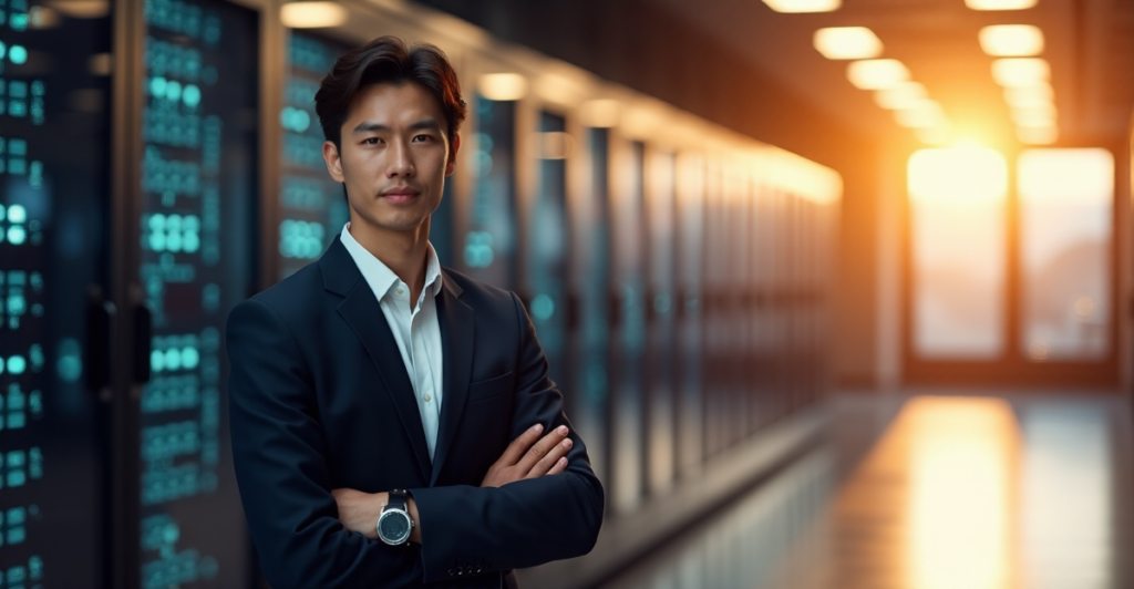 "A young professional stands confidently in front of a modern data center, wearing a sharp suit with an AI-powered smartwatch, conveying excitement and optimism about mastering future-proof skills in data science and analytics."