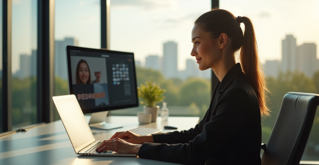 "A young professional woman works efficiently on a project using AI-powered software while participating in an online meeting via video conferencing."