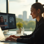 Overcome Remote Isolation with Effective Collaboration and AI-Powered Productivity Skills "A young professional woman works efficiently on a project using AI-powered software while participating in an online meeting via video conferencing."