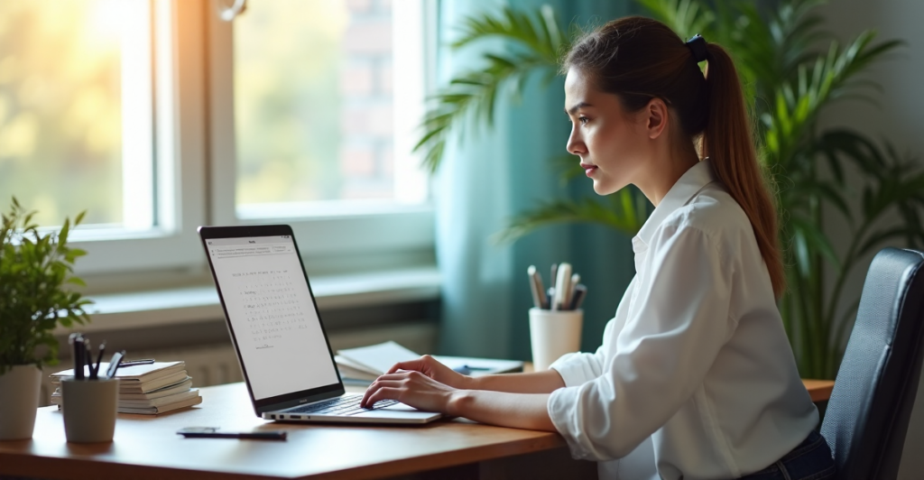"A woman sits in a serene home office, surrounded by organized tools and stationery, focused on her laptop displaying a digital calendar, exuding calm efficiency with AI automation skills at work."