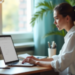 Stay Organized with Proven Remote Work Strategies for Maximum Efficiency and Productivity "A woman sits in a serene home office, surrounded by organized tools and stationery, focused on her laptop displaying a digital calendar, exuding calm efficiency with AI automation skills at work."