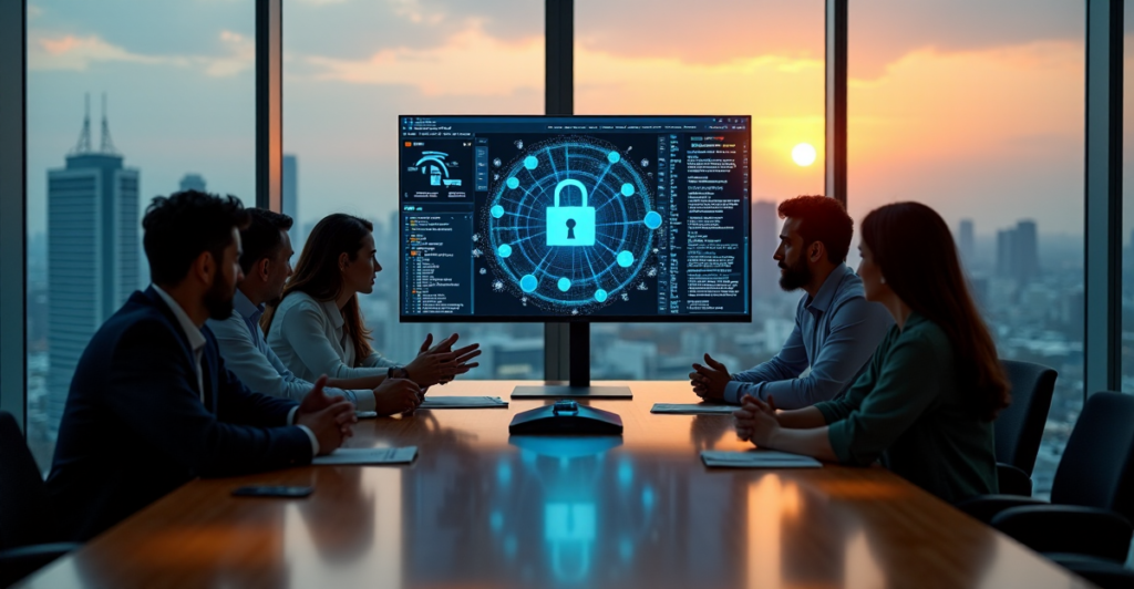 "A diverse group of cybersecurity professionals collaborate in a modern conference room, developing future-proof skills through collective expertise and trust."