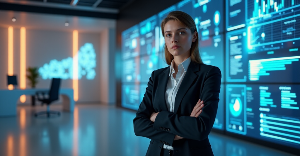 "A young professional stands confidently in front of a futuristic AI automation control panel, exuding determination and focus."