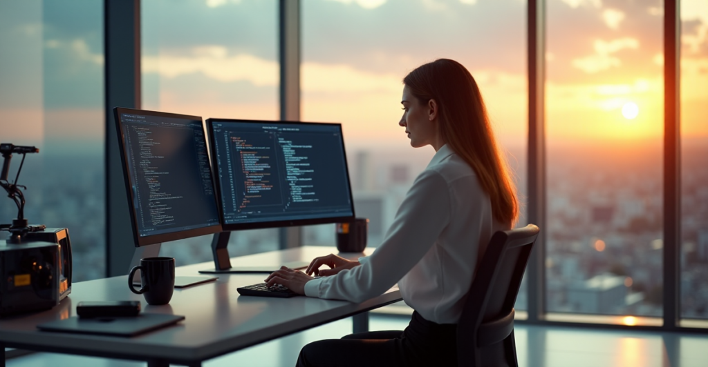 A young professional woman sits at a modern desk, intensely focused on AI-powered development interface with various high-tech gadgets surrounding her, showcasing expertise in AI Automation Skills.