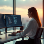 A young professional woman sits at a modern desk, intensely focused on AI-powered development interface with various high-tech gadgets surrounding her, showcasing expertise in AI Automation Skills.