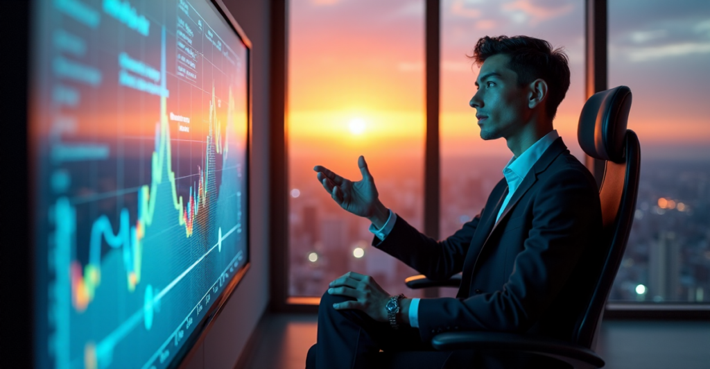 "A young professional sits in front of a digital screen displaying dynamic data insights, with vibrant colors shifting to convey information flow, while gazing at an AI-driven graph with intense focus, highlighting their AI automation skills."