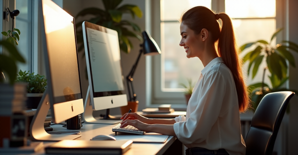 "A young woman sits at a cluttered desk, typing on her keyboard with confidence and determination, surrounded by computer screens, laptops, and books in a modern home office."