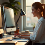"A young woman sits at a cluttered desk, typing on her keyboard with confidence and determination, surrounded by computer screens, laptops, and books in a modern home office."