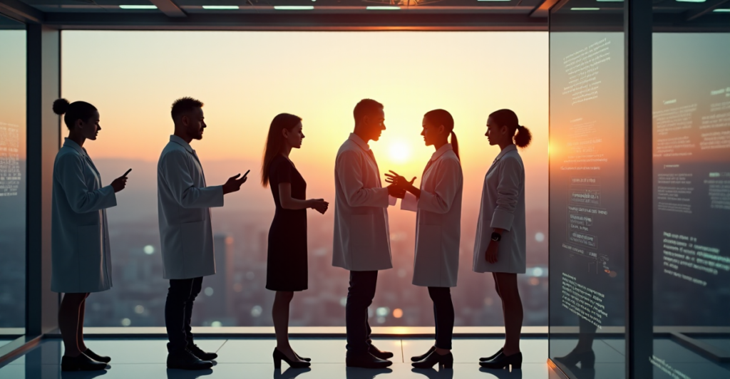 "Group of five diverse individuals from various AI automation fields collaborate in a futuristic laboratory setting with cityscape views."