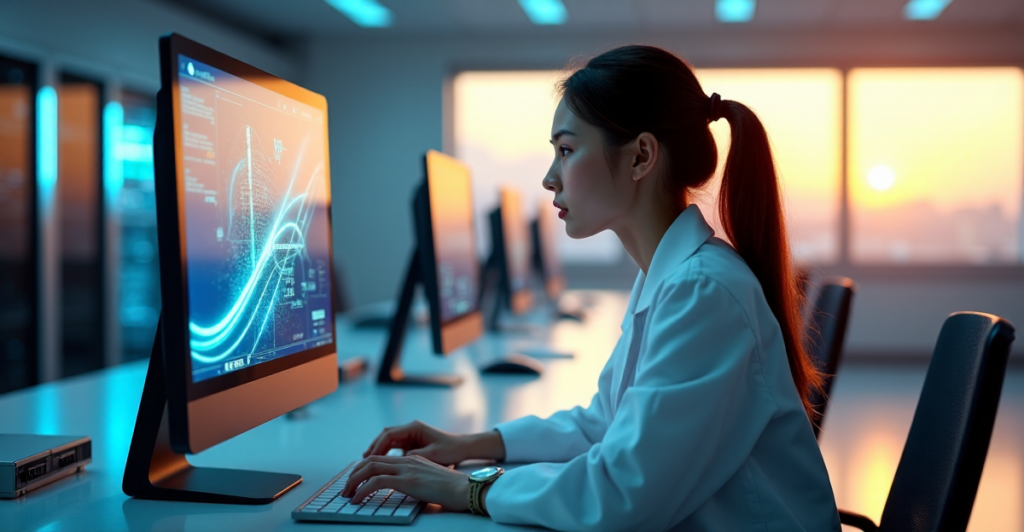 "A young woman in a lab coat sits at a minimalist desk, intensely analyzing data on her computer with AI automation skills evident."