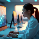 "A young woman in a lab coat sits at a minimalist desk, intensely analyzing data on her computer with AI automation skills evident."