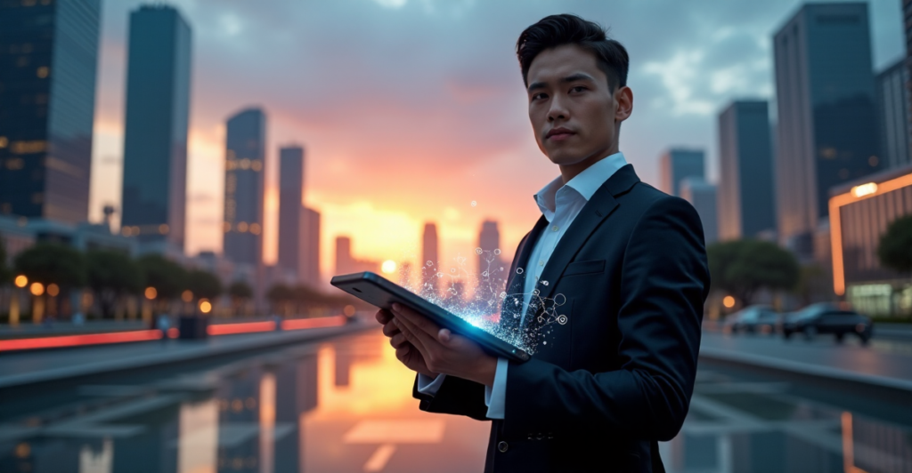 "A young professional stands confidently in front of a futuristic cityscape at sunset, mastering AI automation skills with a high-tech tablet."