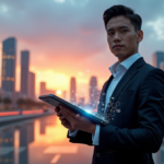 Mastering AI and Automation Skills: Top Trends and Future-Proof Competencies "A young professional stands confidently in front of a futuristic cityscape at sunset, mastering AI automation skills with a high-tech tablet."