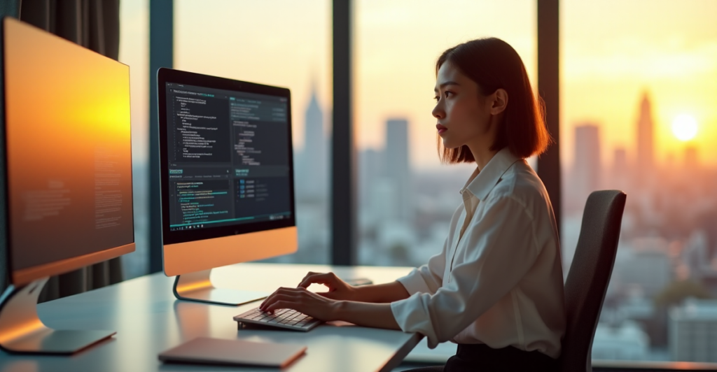 "A young professional woman sits confidently at a minimalist desk, analyzing AI automation data on her computer monitor amidst a cityscape sunset."
