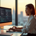 "A young professional woman sits confidently at a minimalist desk, analyzing AI automation data on her computer monitor amidst a cityscape sunset."