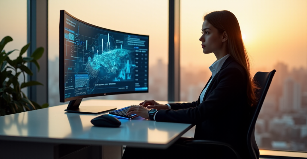 "A young professional sits confidently at a cutting-edge desk surrounded by AI tools, mastering AI automation skills with determination and curiosity."