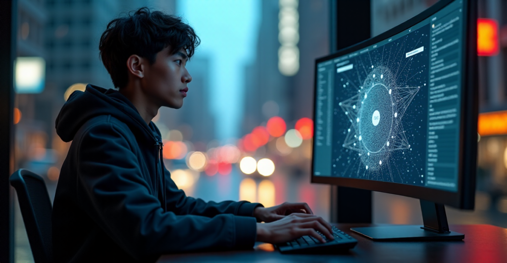 "A young adult sits at a minimalist desk, hands on keyboard, contemplating blockchain network visualisation on high-resolution monitor amidst blurred cityscape at dusk."
