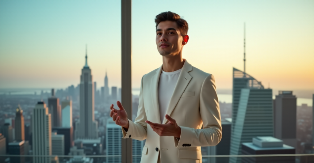 A young professional stands confidently in front of a cityscape at sunrise, conveying determination and focus on mastering soft skills for future success amidst AI automation advancements.