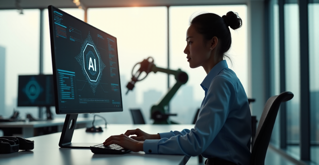 "A young professional sits at a desk, surrounded by AI algorithm screens and robotic arm assembly lines, focused on developing AI automation skills."