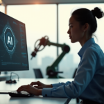 "A young professional sits at a desk, surrounded by AI algorithm screens and robotic arm assembly lines, focused on developing AI automation skills."