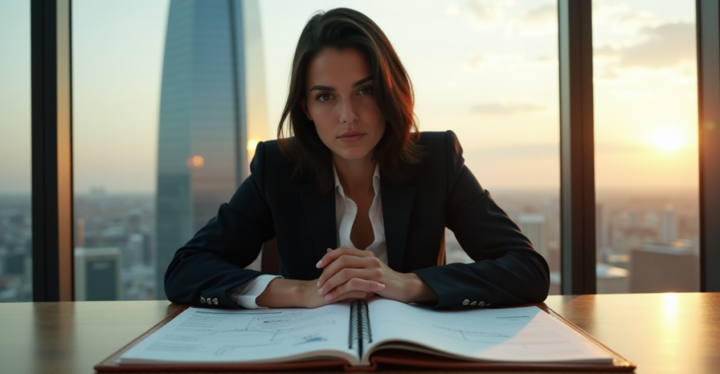 "A young professional woman sits at a wooden desk, surrounded by city views, focused on her leather-bound planner, developing strategic thinking skills for future career advancement amidst AI automation."