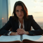 Develop Strategic Thinking for Future-Proof Career Advancement "A young professional woman sits at a wooden desk, surrounded by city views, focused on her leather-bound planner, developing strategic thinking skills for future career advancement amidst AI automation."