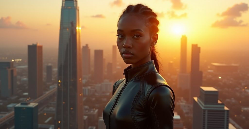 "A young adult stands confidently in front of a futuristic cityscape at sunset, exuding determination and resilience as they gaze out at towering skyscrapers with AI Automation Skills guiding their forward-thinking approach."