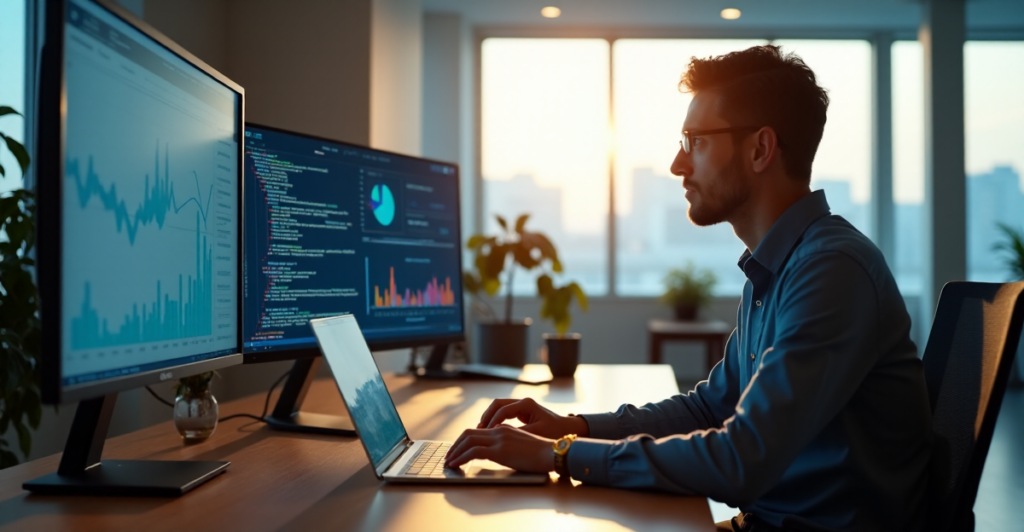 "A professional data analyst sits at a clutter-free desk, intensely focused on data visualizations and statistical models, surrounded by modern office space with natural light."