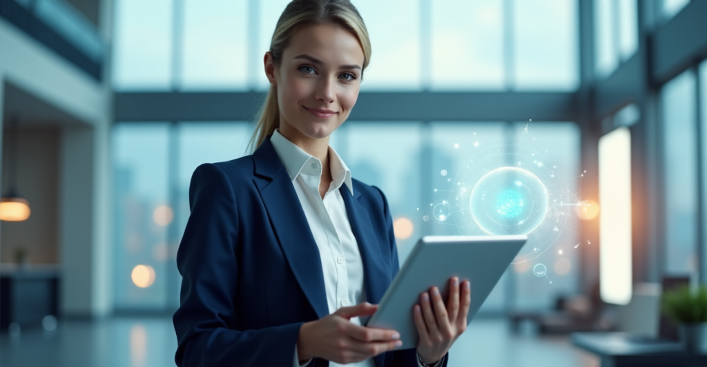 A young professional stands confidently in a futuristic office environment, embracing AI automation with determination and optimism, showcasing future-proof skills.