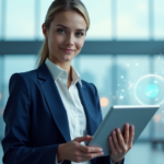 Transforming Careers with Future-Proof AI Automation Skills A young professional stands confidently in a futuristic office environment, embracing AI automation with determination and optimism, showcasing future-proof skills.