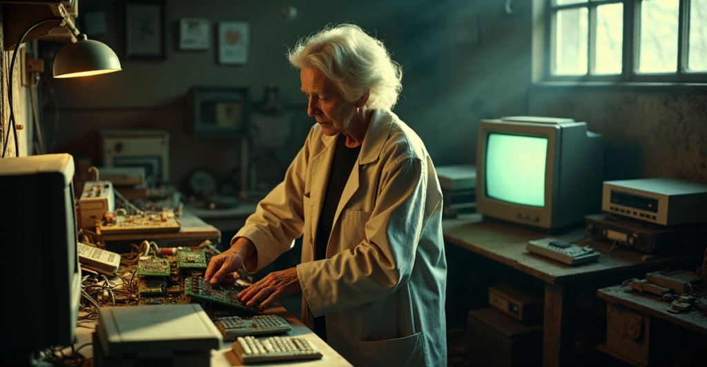 "An elderly woman holds a vintage computer motherboard in an old electronics workshop, surrounded by discarded technology, conveying reverence for the past and wonder about future-proof skills."