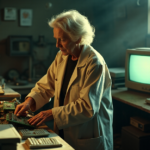Hidden Tech Treasures: Mastering Future-Proof Skills for a Smarter Tomorrow "An elderly woman holds a vintage computer motherboard in an old electronics workshop, surrounded by discarded technology, conveying reverence for the past and wonder about future-proof skills."