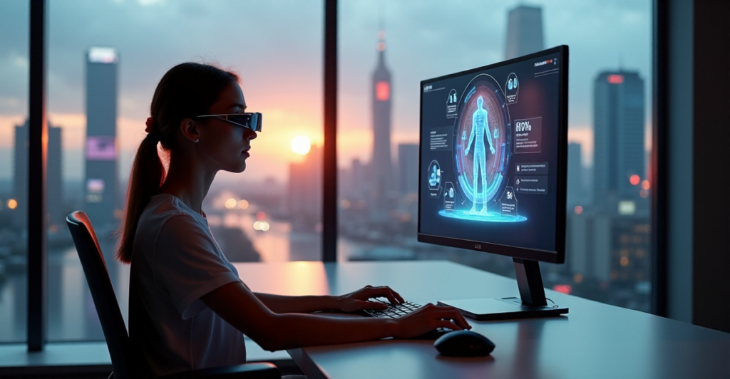"A young adult woman sits in front of a modern computer desk, intensely studying AI-powered online education on a large monitor with a virtual instructor guiding her through an interactive machine learning lesson."