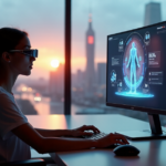 Master Future-Ready Skills with Online Education and AI Automation Training "A young adult woman sits in front of a modern computer desk, intensely studying AI-powered online education on a large monitor with a virtual instructor guiding her through an interactive machine learning lesson."