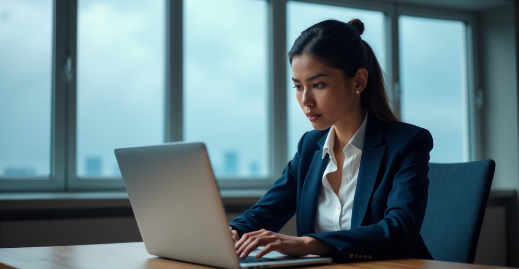 "A young woman studies a blockchain network diagram on her laptop in a serene office setting, emphasizing the importance of education in mastering AI automation skills."