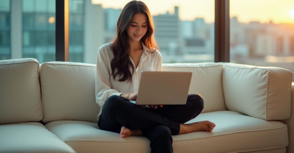"Image of a young woman in a modern home office, calmly working on her laptop with AI automation skills, surrounded by soft natural light."
