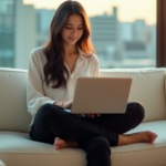 "Image of a young woman in a modern home office, calmly working on her laptop with AI automation skills, surrounded by soft natural light."