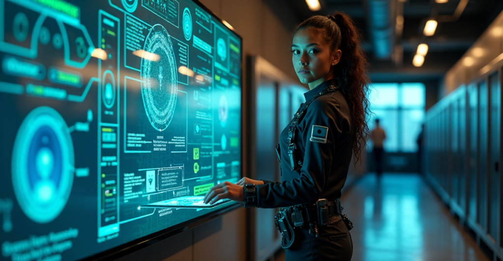 "A young adult in a sleek black jumpsuit stands confidently near a massive digital screen displaying a network diagram with vibrant hues, surrounded by humming servers and holographic consoles."