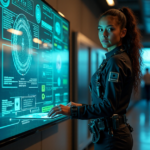 "A young adult in a sleek black jumpsuit stands confidently near a massive digital screen displaying a network diagram with vibrant hues, surrounded by humming servers and holographic consoles."