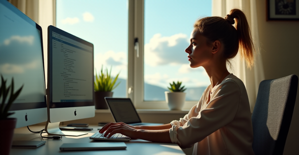 "A young woman sits confidently at a cluttered desk, surrounded by AI tools and freelance software, hands on laptop keyboard, gazing out at a sunny day with determination."