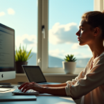 "A young woman sits confidently at a cluttered desk, surrounded by AI tools and freelance software, hands on laptop keyboard, gazing out at a sunny day with determination."