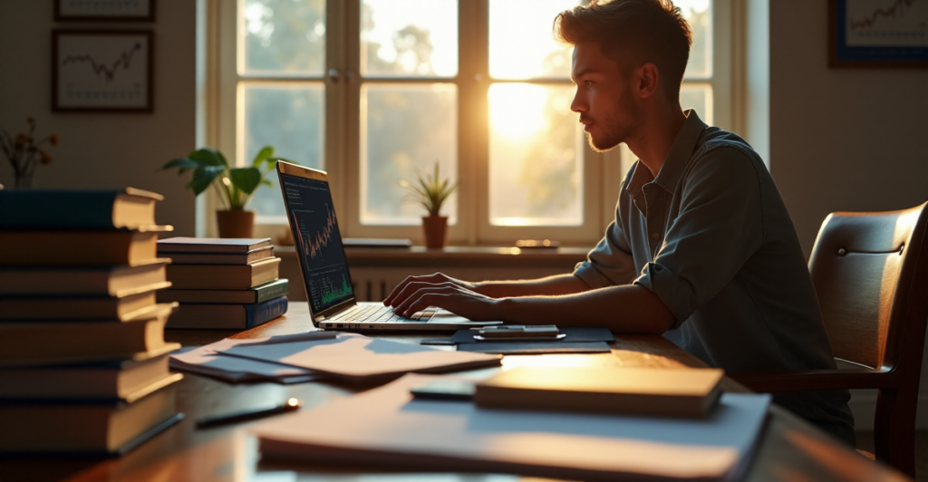 "A young adult sits at a wooden desk, surrounded by books on blockchain technology and finance, with a laptop open to a cryptocurrency trading platform, exuding confidence and calmness while poised to make an investment decision."